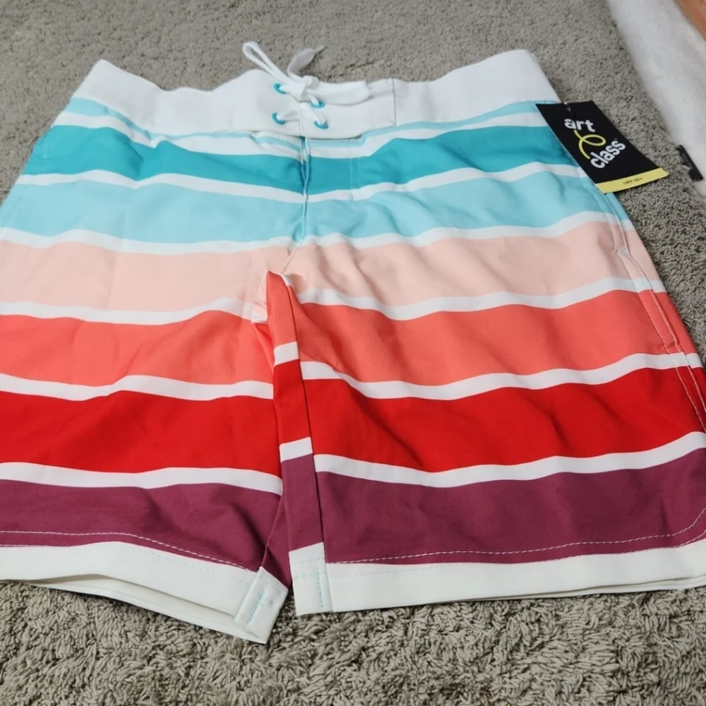 Boys' Striped Swim Shorts -art class Green/Red UPF50+, Adjustable Waistband 8